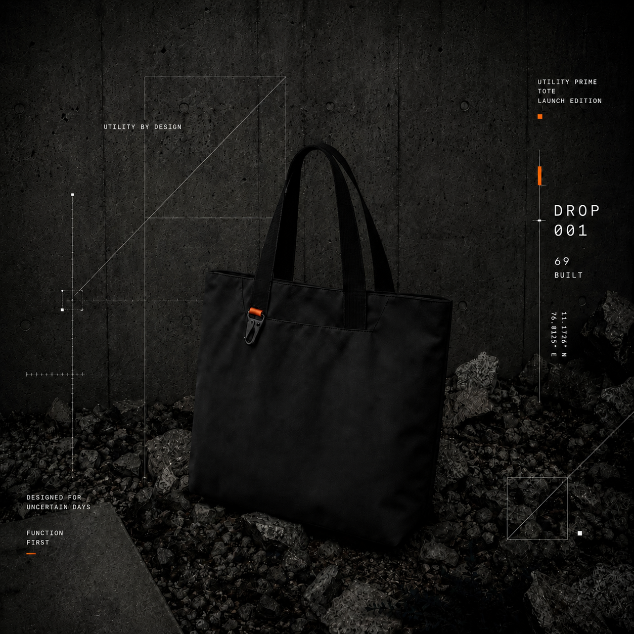 MAY.BE Utility Prime tote system specs — ripstop shell and TUFLON fluorescent orange lining